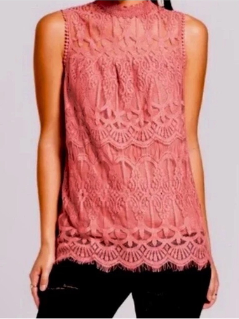 Xhilaration Women’s S Pink High Neck Lace Overlay Blouse Top Shirt Tank